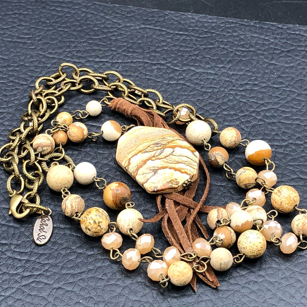 Carol Su 32" Lariat Necklace Jasper Stone Beads Earth Tone Faux Suede 7" Tassel - Picture 2 of 15